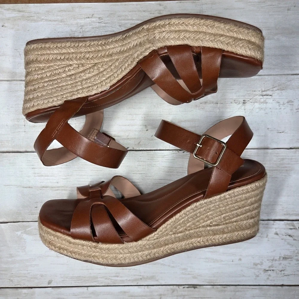 Time and Tru Espadrille Platform Wedge Sandals Women 8 Brown Knotted Ankle Strap